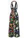 Schwarz 1930er Blumen V-Ausschnitt Halter Jumpsuit