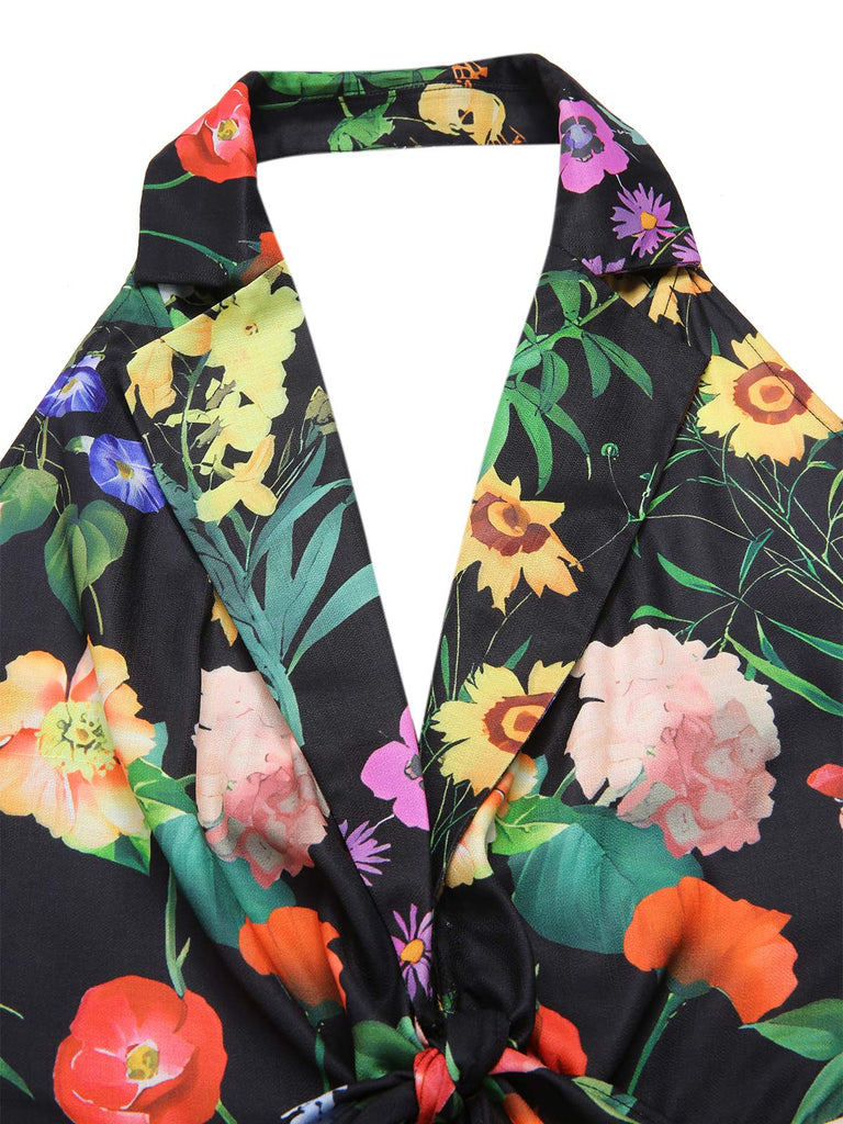 Schwarz 1930er Blumen V-Ausschnitt Halter Jumpsuit