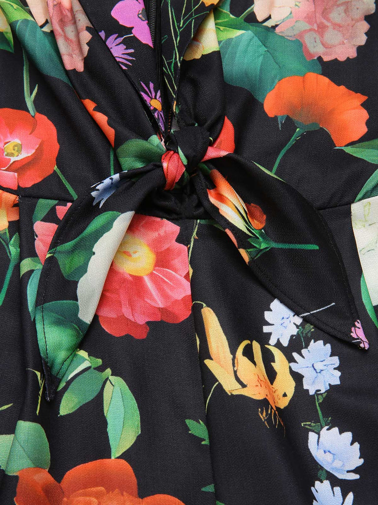 Schwarz 1930er Blumen V-Ausschnitt Halter Jumpsuit