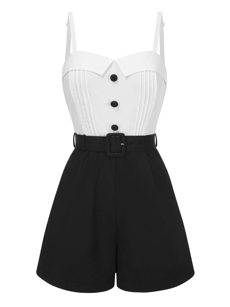 Weiß & Schwarz 1950er Baumwolle Spaghetti Träger Romper