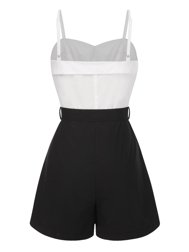 Weiß & Schwarz 1950er Baumwolle Spaghetti Träger Romper
