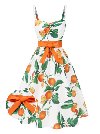 Orange 1950er Obst Bogen-Taille Träger Kleid