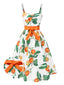 Orange 1950er Obst Bogen-Taille Träger Kleid