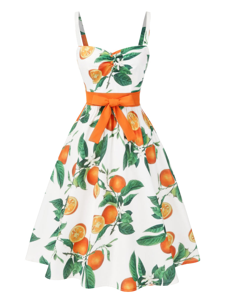 Orange 1950er Obst Bogen-Taille Träger Kleid