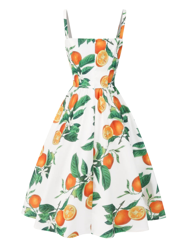 Orange 1950er Obst Bogen-Taille Träger Kleid