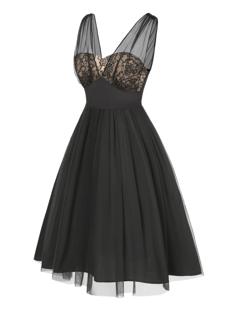 Schwarz 1950er Spitze Blumen Netz Swing Kleid