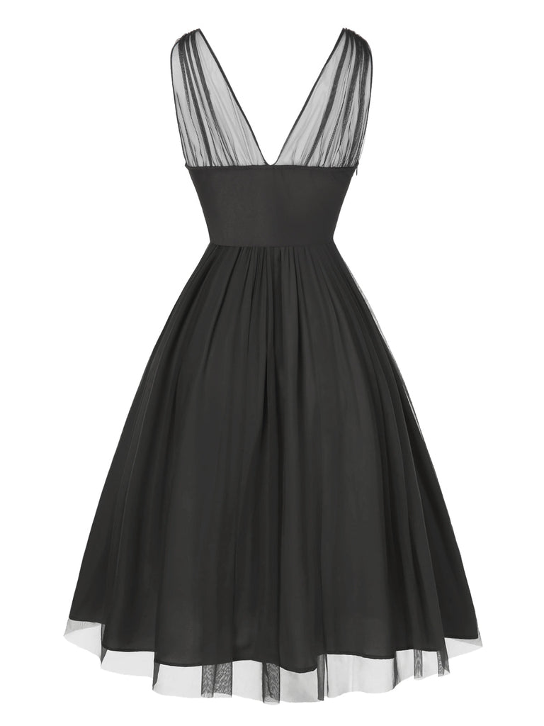 Schwarz 1950er Spitze Blumen Netz Swing Kleid