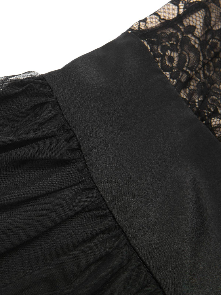 Schwarz 1950er Spitze Blumen Netz Swing Kleid