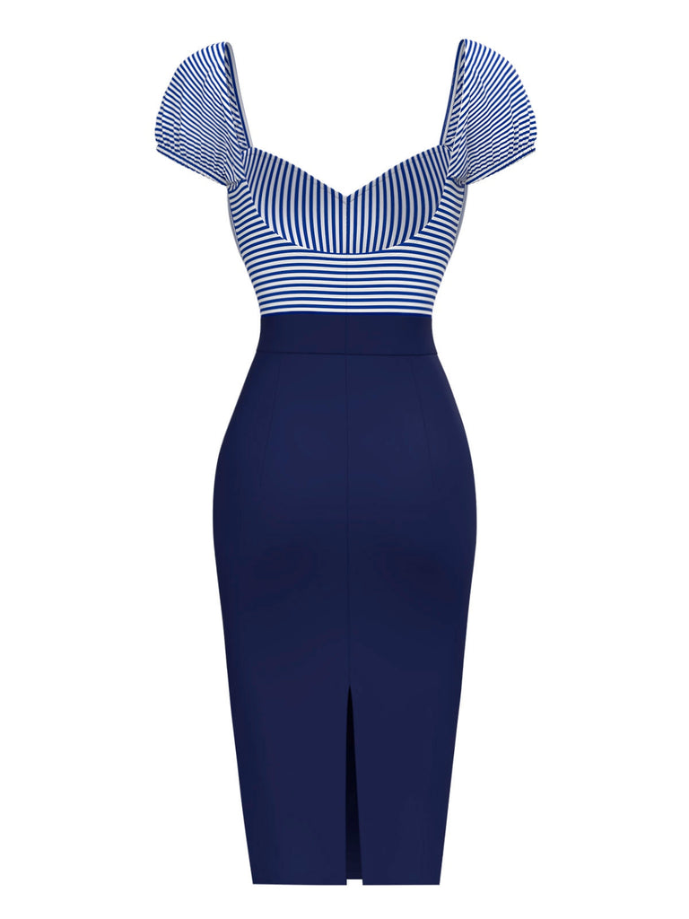 Dunkelblau 1960er Streifen Puffärmel Bleistift Kleid
