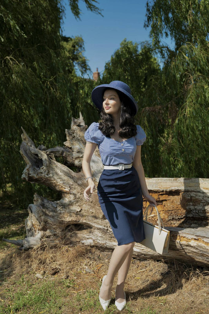 Dunkelblau 1960er Streifen Puffärmel Bleistift Kleid