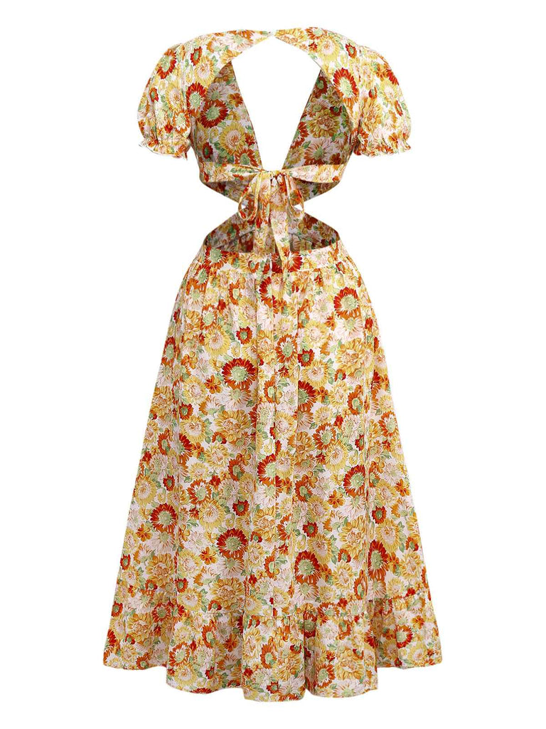 Orange 1970er Tief V-Ausschnitt Sonnenblume Boho Kleid