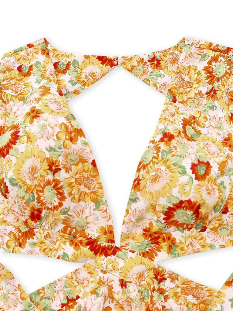 Orange 1970er Tief V-Ausschnitt Sonnenblume Boho Kleid