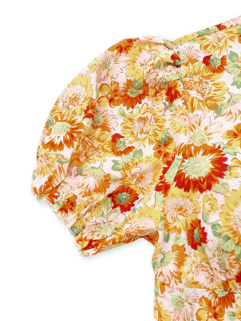 Orange 1970er Tief V-Ausschnitt Sonnenblume Boho Kleid