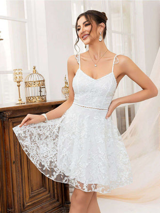 1950er Solide Stickerei Netz Zurückbinden Kleid