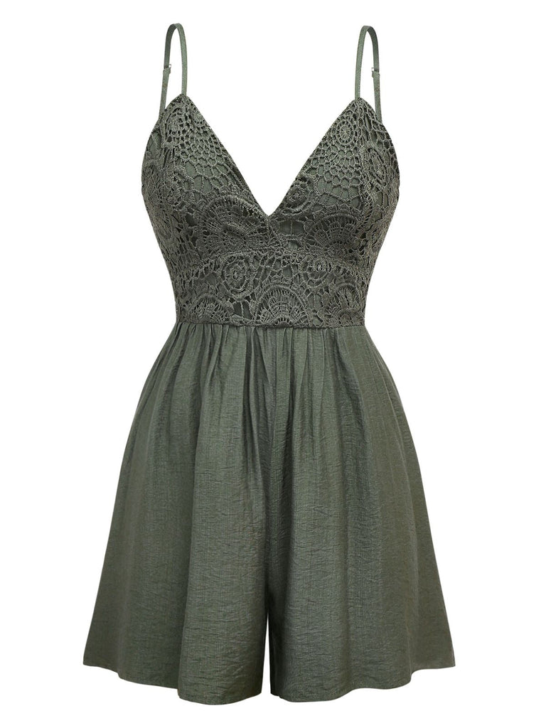 Dunkelgrün 1950er Stickerei Patchwork Gesmokt Romper