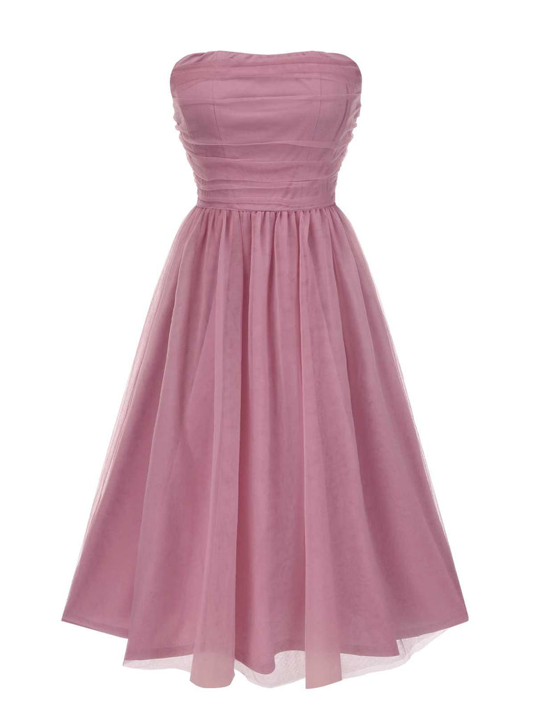 Rosa 1950er Trägerlos Gerüschtes Netz Ärmellos Kleid