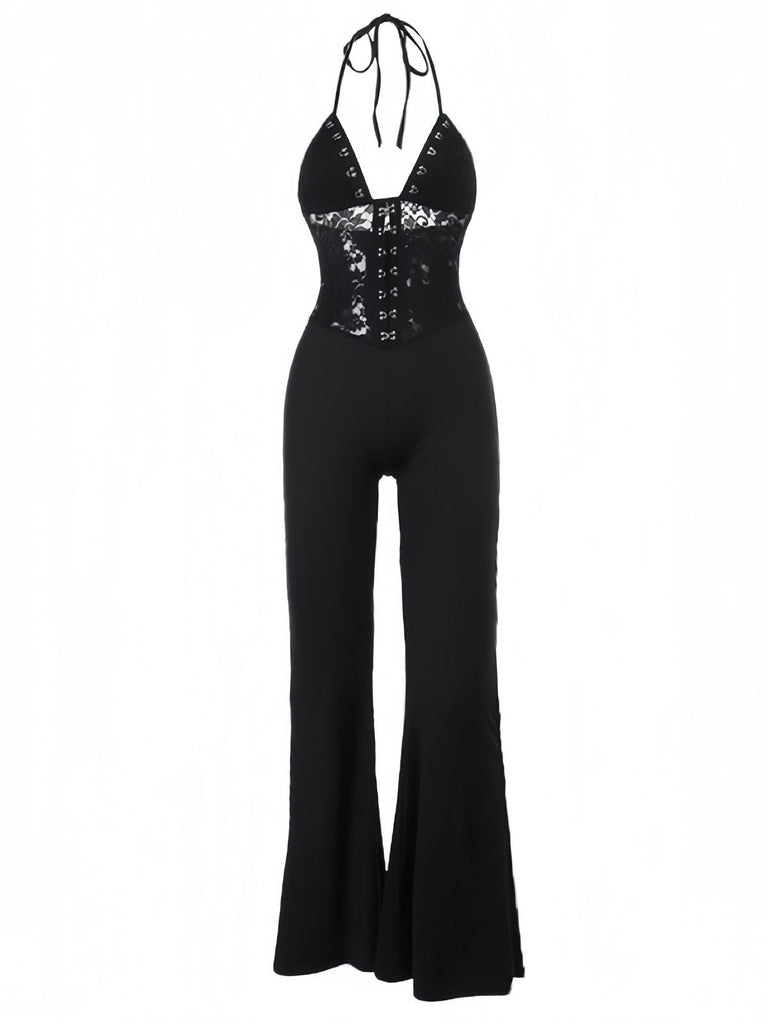 Schwarz 1930er Halter Spitze Schlaghosen Jumpsuit