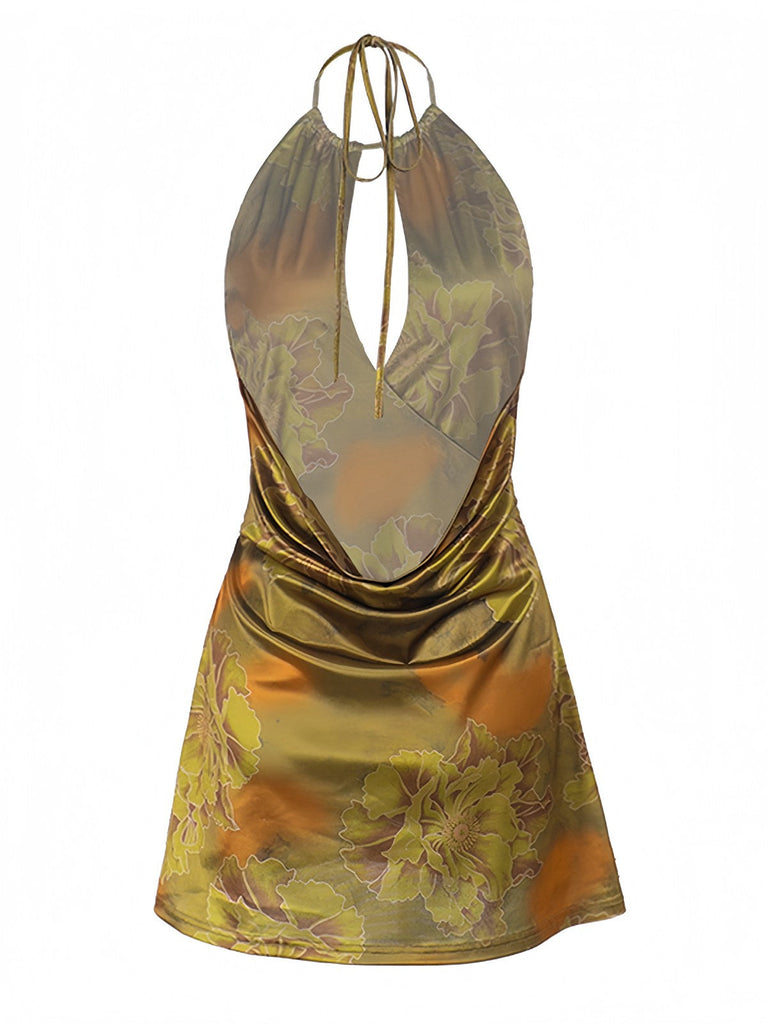 Grün 1960er Blumen Halter Hohl Rückenfrei Kleid