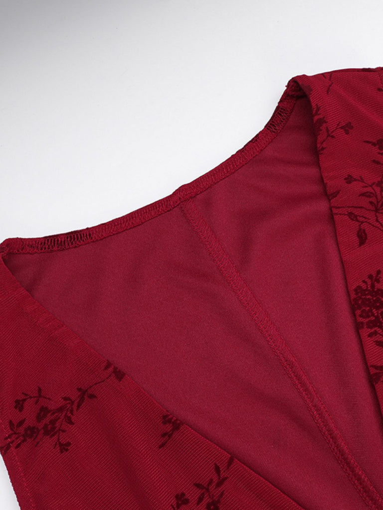 Weinrot 1930er V-Ausschnitt Blumen Netz Kleid