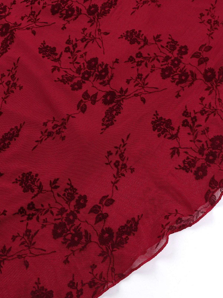 Weinrot 1930er V-Ausschnitt Blumen Netz Kleid