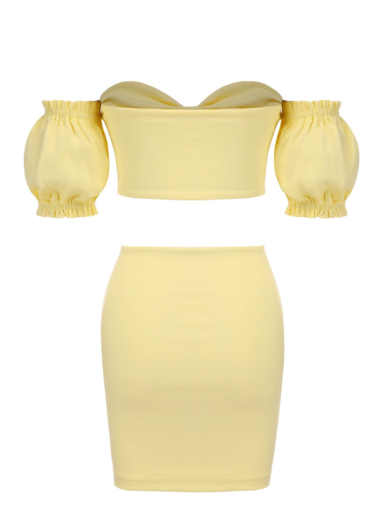 2PCS Gelb 1960er Solide Rohr Top & Bodycon Rock