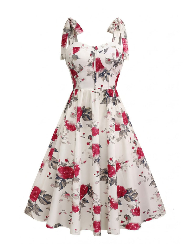 Weiß 1950er Rose Schnürung Swing Kleid