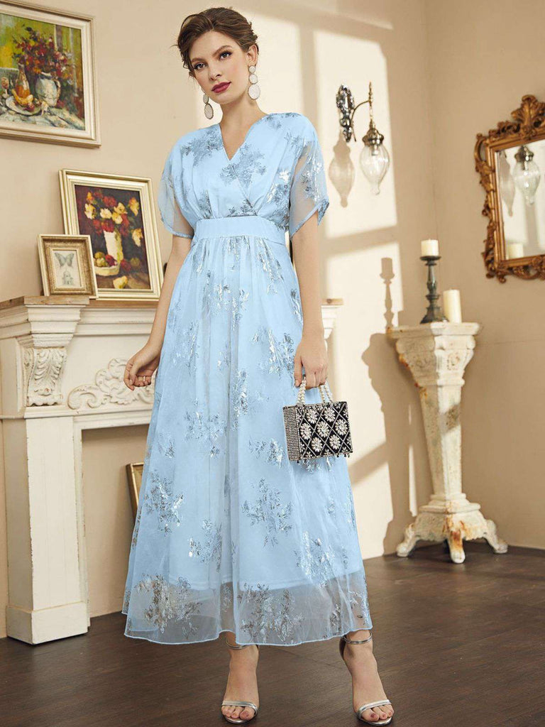 Hellblau 1940er Folienprägung Netz Patchwork Kleid