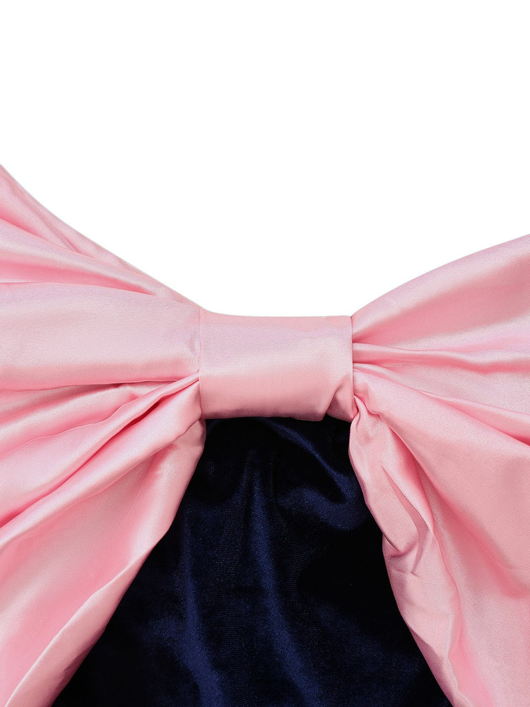 Rosa & Blau 1960er Großer Bogen Schulterfrei Samt Kleid