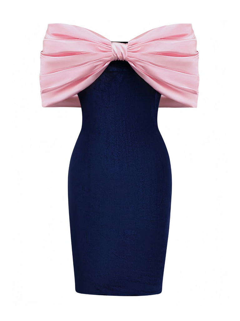 Rosa & Blau 1960er Großer Bogen Schulterfrei Samt Kleid