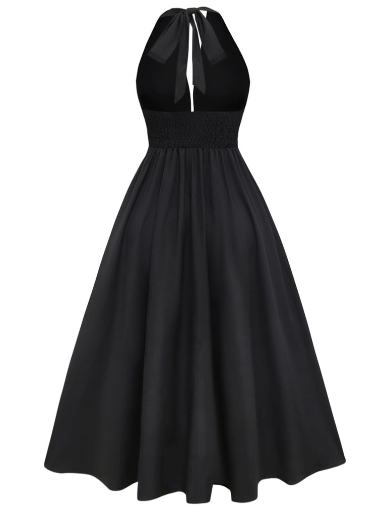 Schwarz 1970er Bohemien Hülse Randbereich Gesmokt Kleid