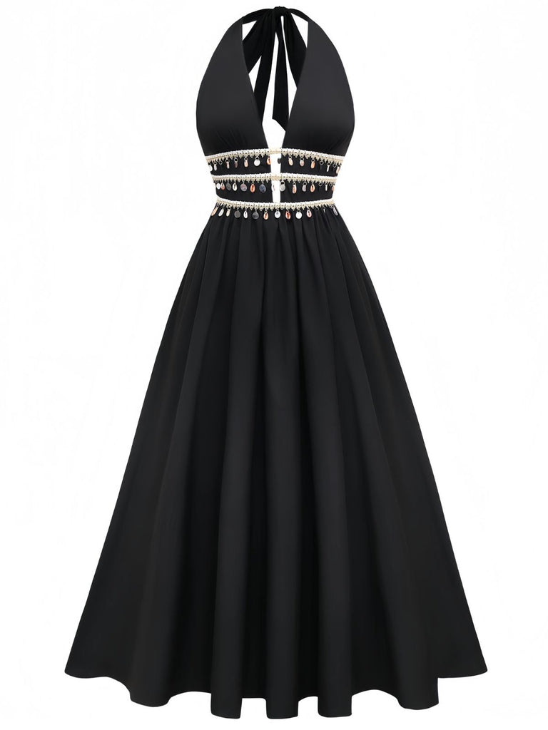 Schwarz 1970er Bohemien Hülse Randbereich Gesmokt Kleid