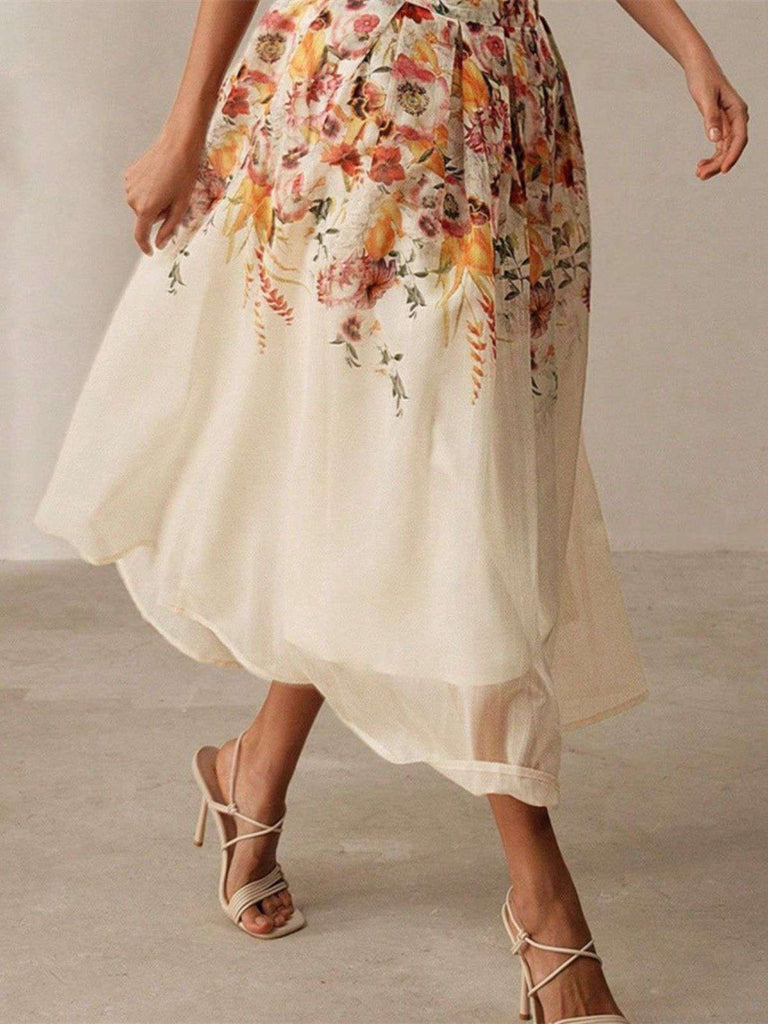 Beige 1940er Blumen Netz Patchwork Rock