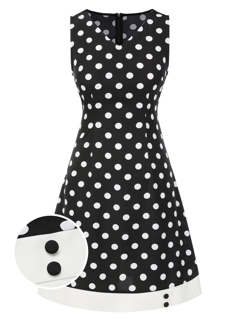Schwarz 1960er Polka Dots V-Ausschnitt Kleid