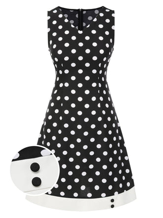 Schwarz 1960er Polka Dots V-Ausschnitt Kleid
