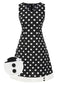Schwarz 1960er Polka Dots V-Ausschnitt Kleid