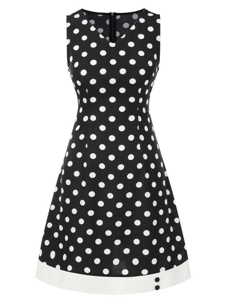 Schwarz 1960er Polka Dots V-Ausschnitt Kleid