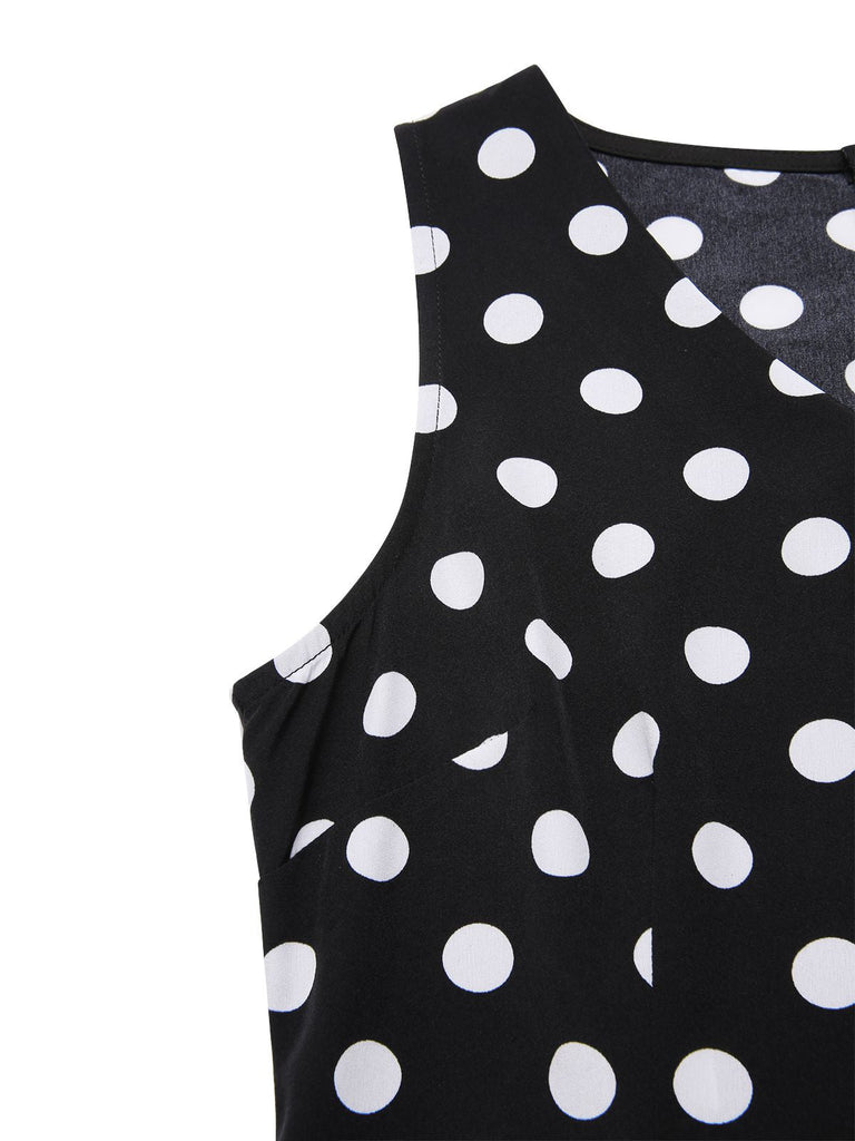 Schwarz 1960er Polka Dots V-Ausschnitt Kleid