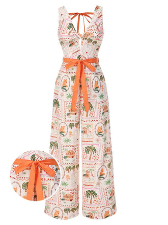 Orange 1950er Strand Briefmarken Verdreht Jumpsuit