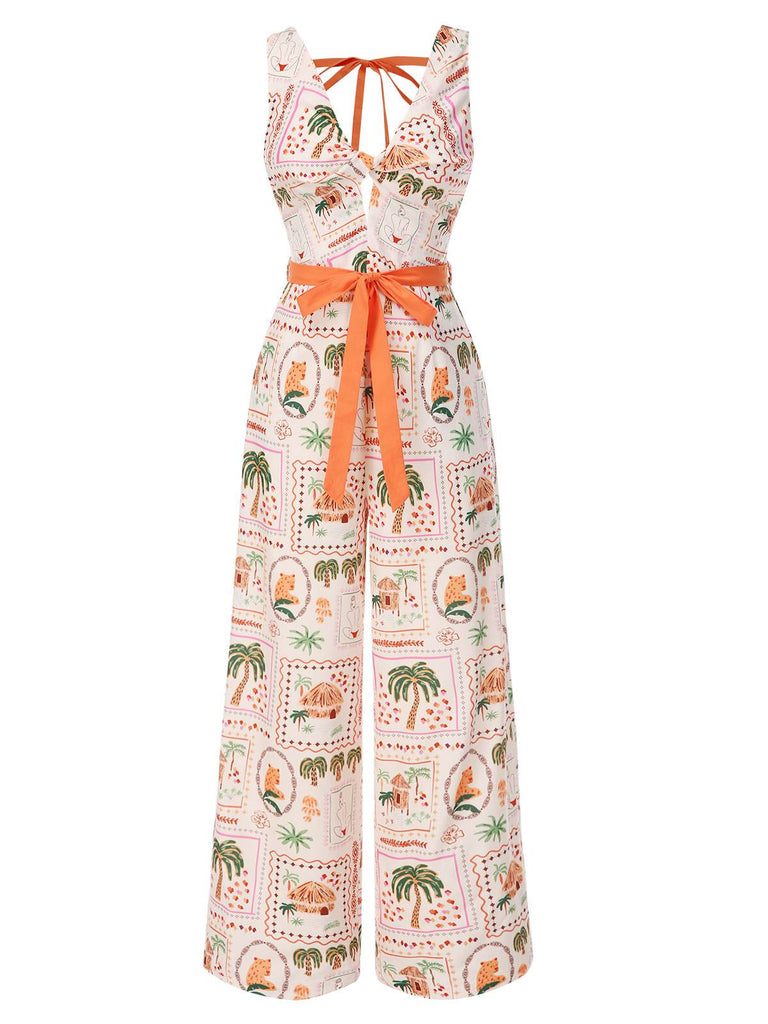 Orange 1950er Strand Briefmarken Verdreht Jumpsuit