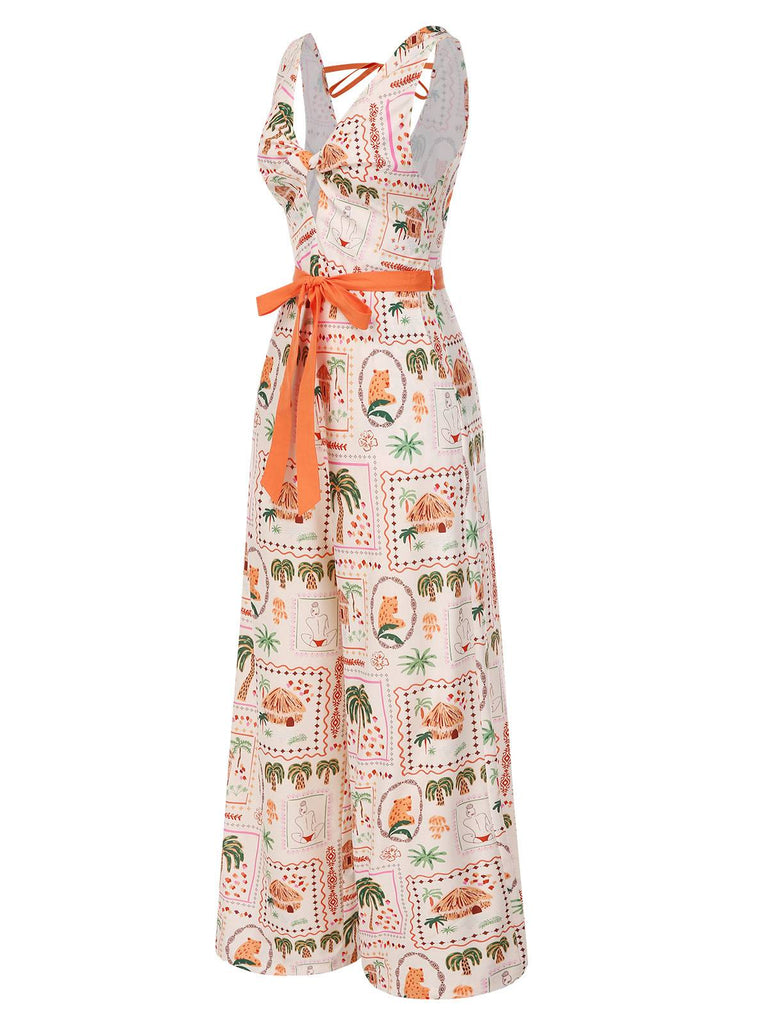 Orange 1950er Strand Briefmarken Verdreht Jumpsuit