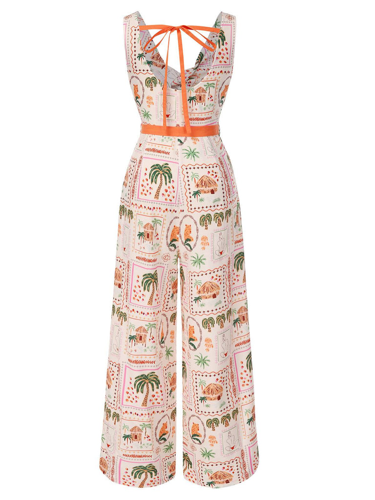 Orange 1950er Strand Briefmarken Verdreht Jumpsuit