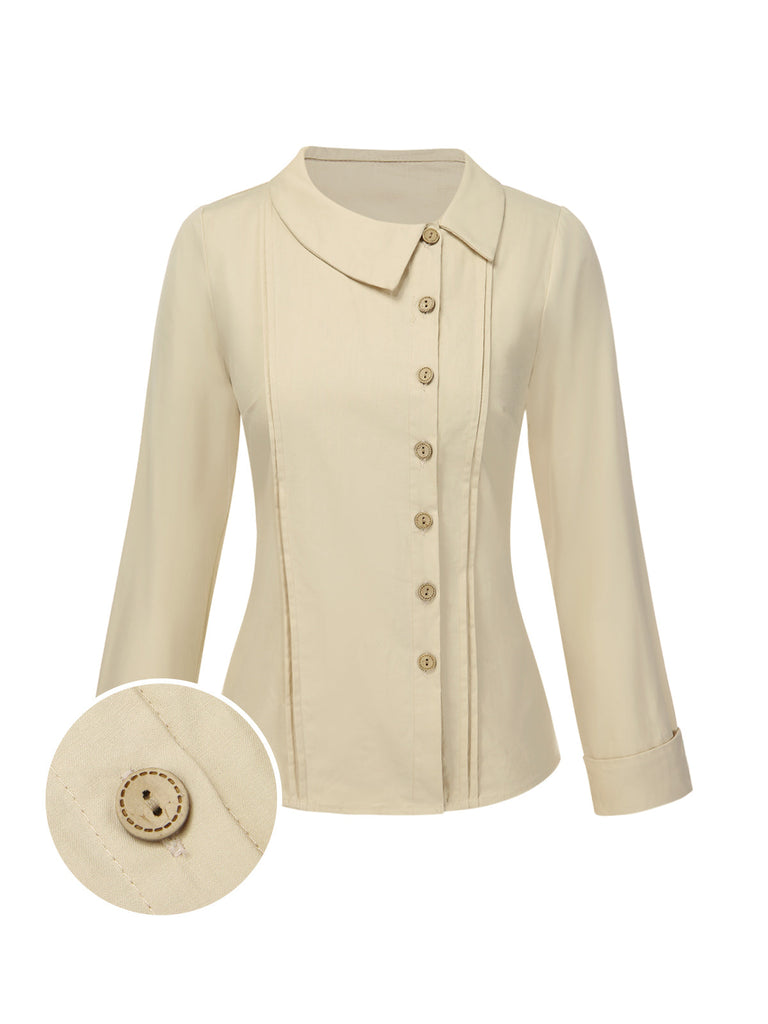 Cremeweiß 1930er Baumwolle Tasten Solide Bluse