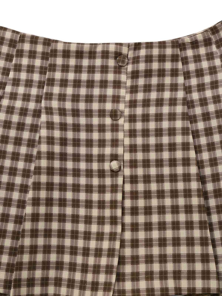 2PCS Braun 1960er Gingham Plaid Plissiertes Weste & Rock