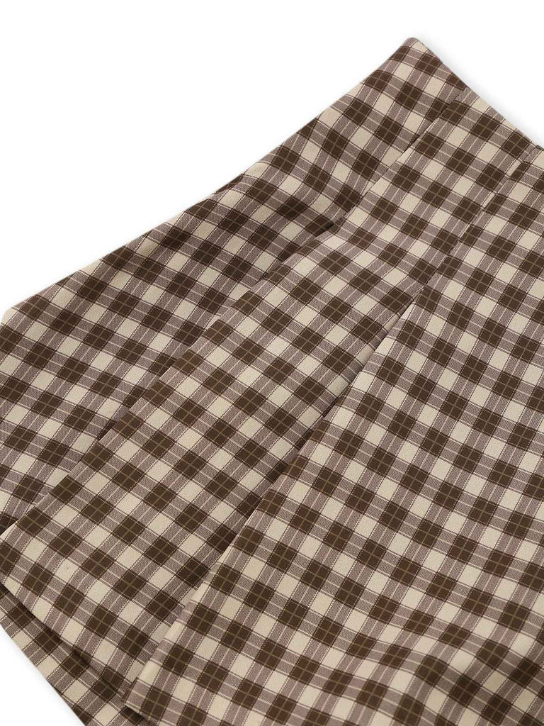 2PCS Braun 1960er Gingham Plaid Plissiertes Weste & Rock