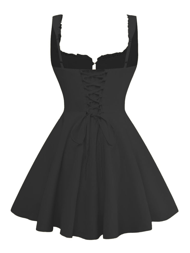 1960er Solide Spitze Träger Schnürung Skater Kleid