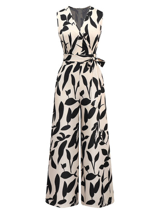 Beige 1930er Chorhemd Blätter Silhouette Jumpsuit