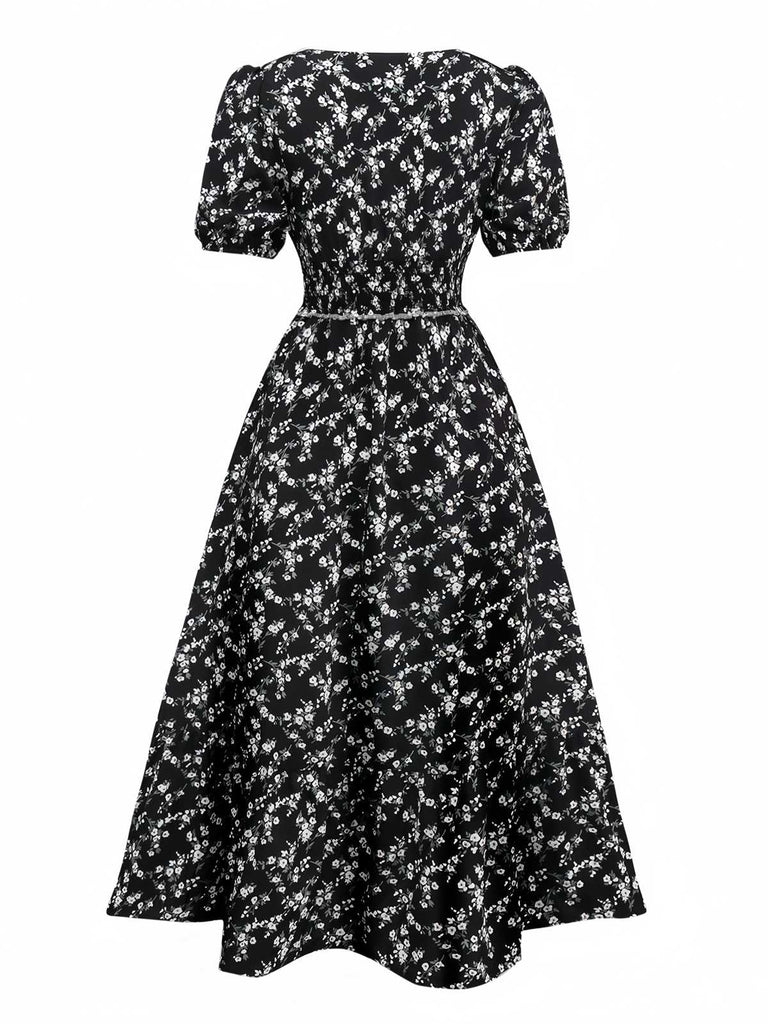 Schwarz 1940er V-Ausschnitt Puffärmel Kleine Blumen Kleid