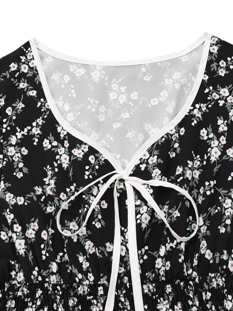 Schwarz 1940er V-Ausschnitt Puffärmel Kleine Blumen Kleid