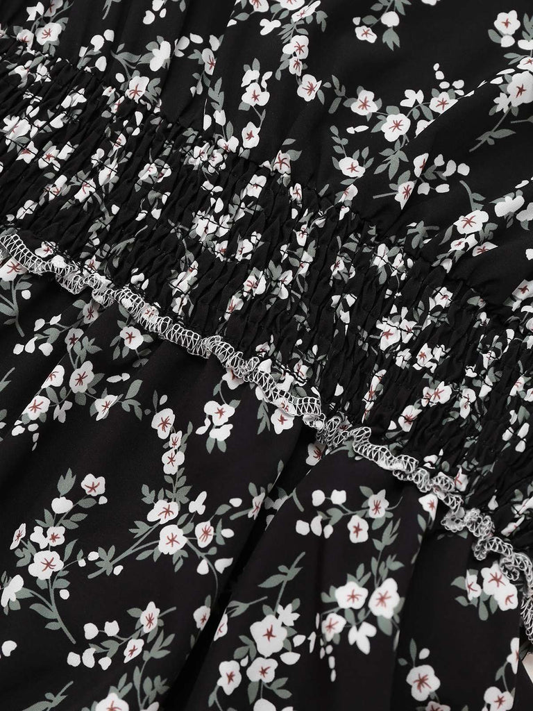 Schwarz 1940er V-Ausschnitt Puffärmel Kleine Blumen Kleid