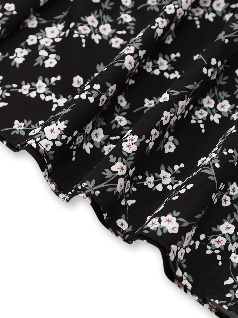 Schwarz 1940er V-Ausschnitt Puffärmel Kleine Blumen Kleid